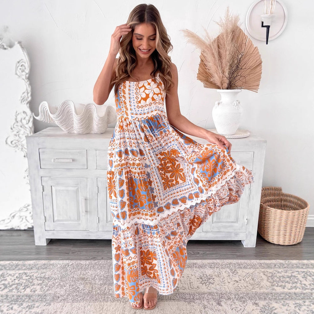 High Waist Contrast Print Loose Slip Dress Women Summer
