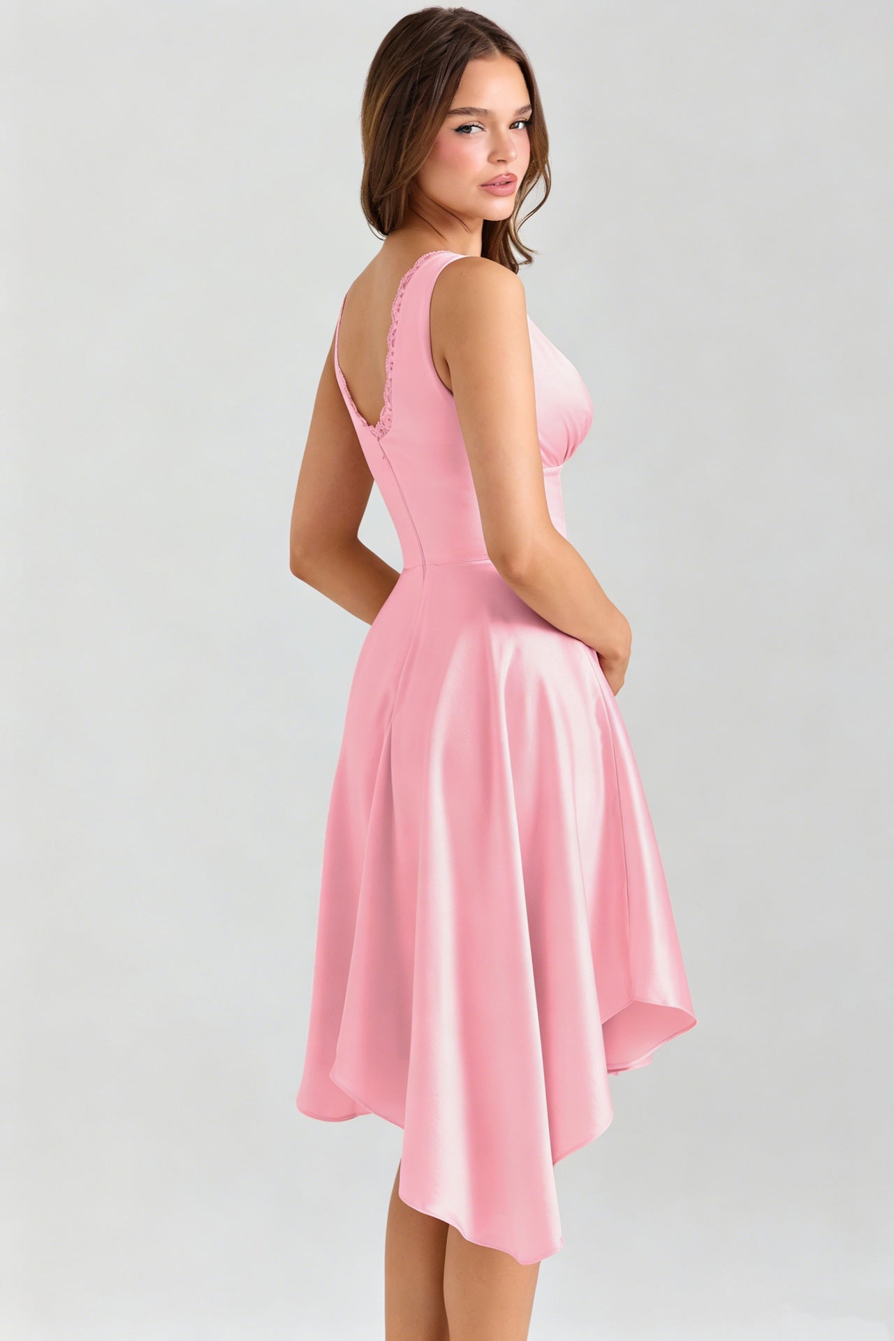 New backless V-neck fitted waist elegant midi-length slip dress