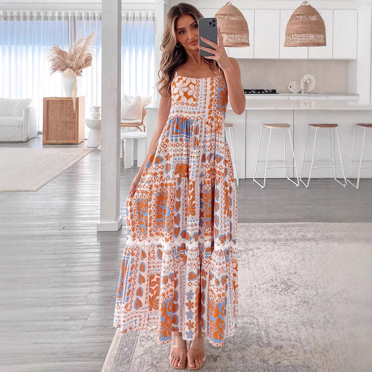 High Waist Contrast Print Loose Slip Dress Women Summer