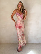 Women’s Printed Lace Backless Slim Hip Long Dress Women