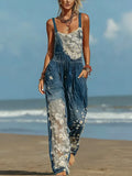 Women's Retro Boho Ethnic Daisy Lace Floral Patchwork Casual Denim Jumpsuit