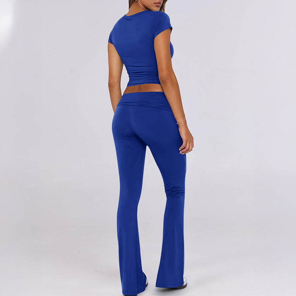 Women Solid Slim Short Sleeve Pants Casual 2 Piece Set