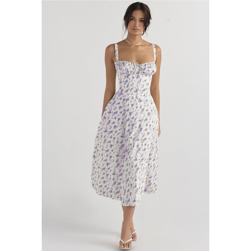 French Floral Corset Split Midi Slip Dress Women Summer Vacation