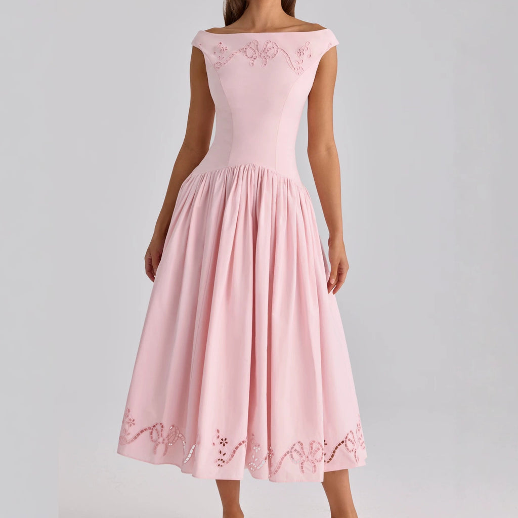 French Pink Off Shoulder Hollow Embroidery Waist Midi Dress Women