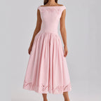 French Pink Off Shoulder Hollow Embroidery Waist Midi Dress Women
