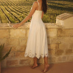 French White Hollow Lace Embroidered Deep V Slip Midi Resort Dress