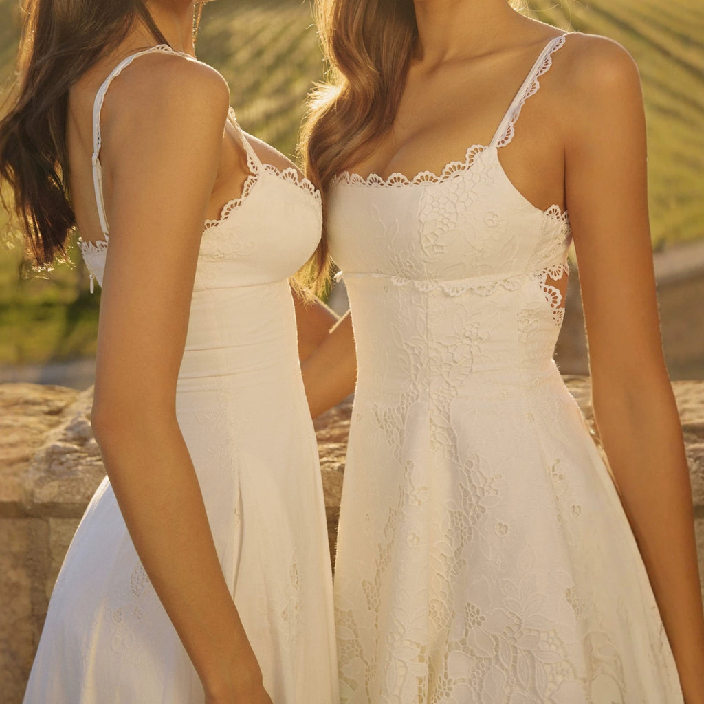 French White Hollow Lace Embroidered Deep V Slip Midi Resort Dress