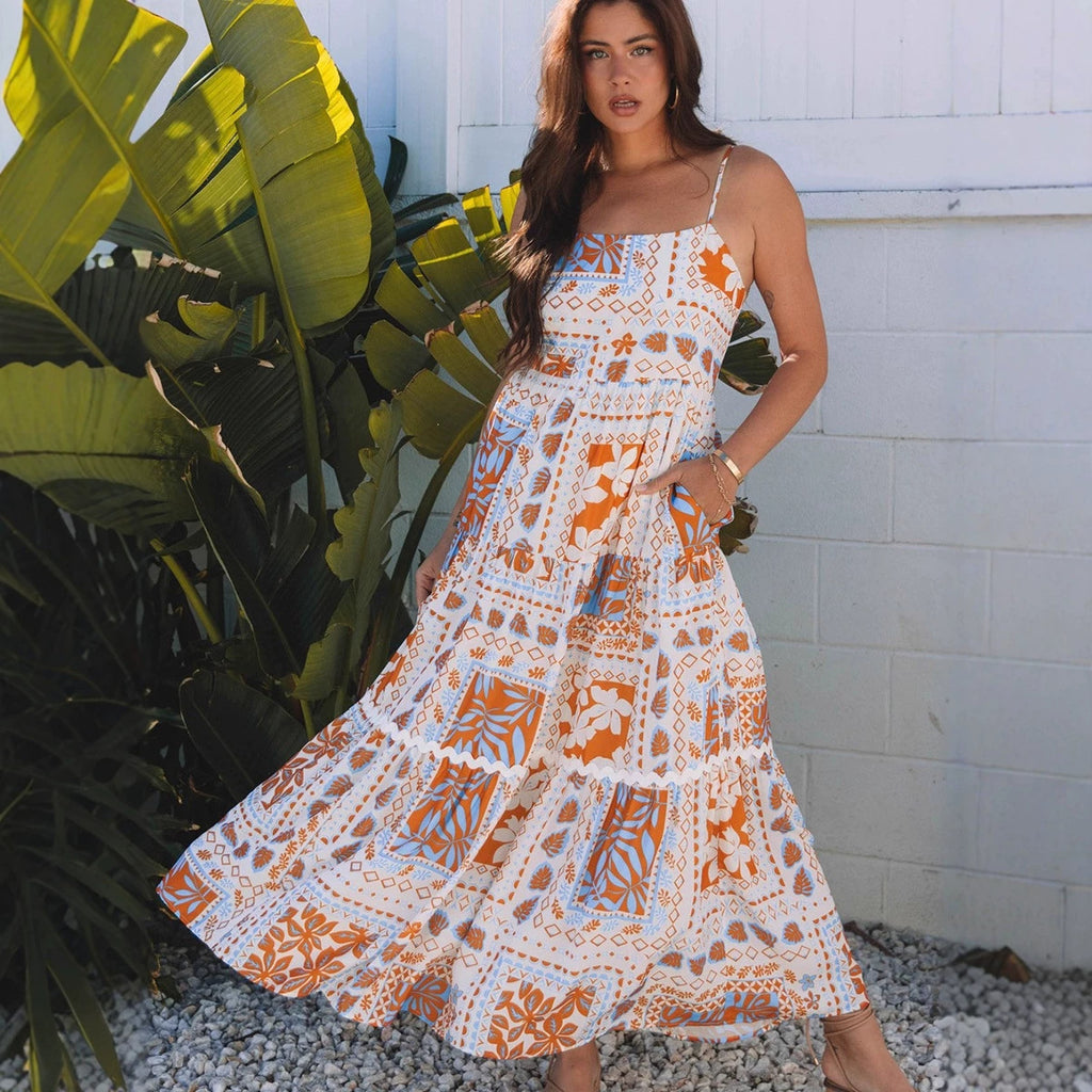 High Waist Contrast Print Loose Slip Dress Women Summer
