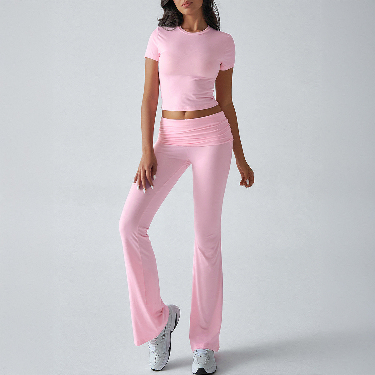 Women Solid Slim Short Sleeve Pants Casual 2 Piece Set