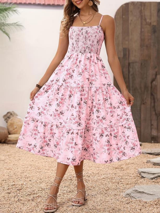 Women's Floral Layered Swing Suspender Long Dress