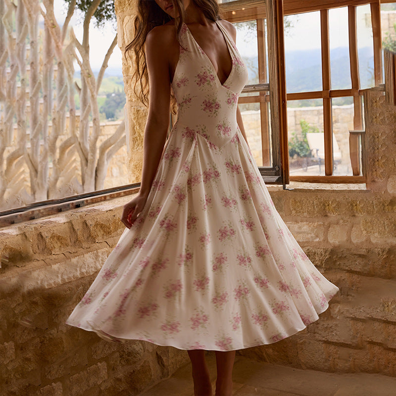 French Printed Halter V Neck Backless Mesh Splice Dress