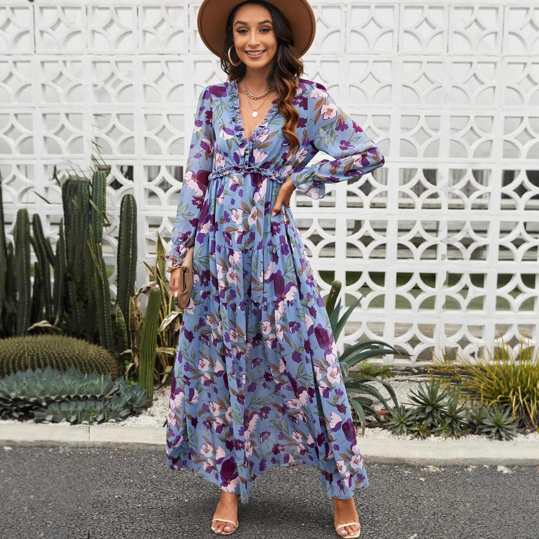 Women’s Printed Long Sleeve Elegant Fairy Evening Dress Women