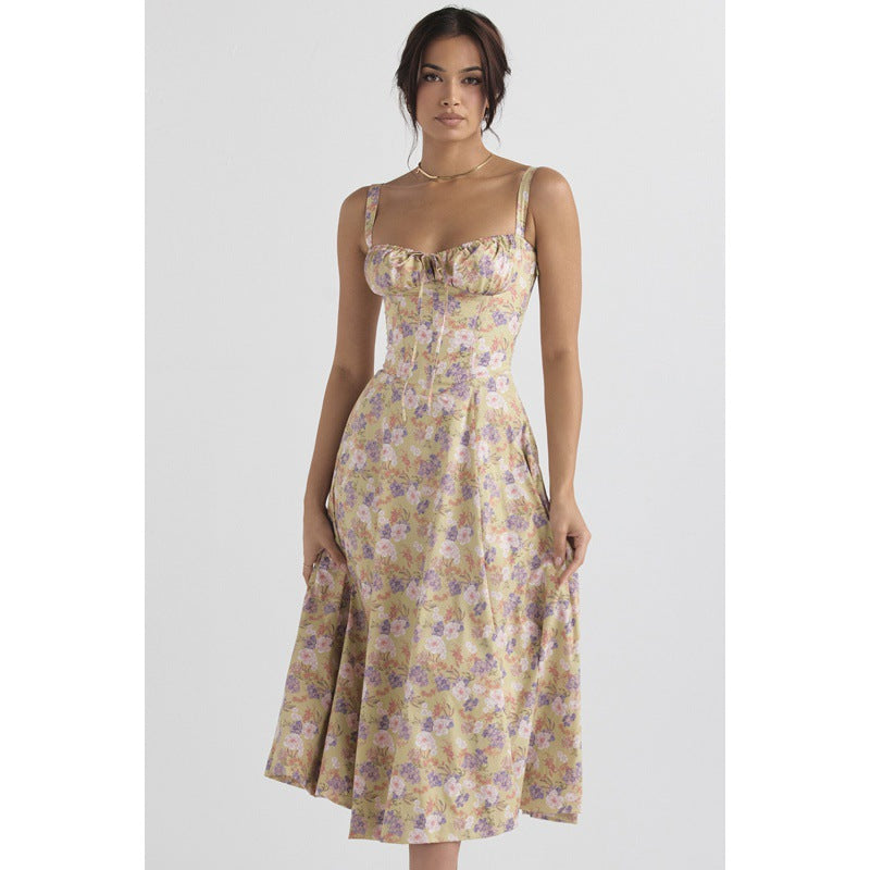French Floral Corset Split Midi Slip Dress Women Summer Vacation