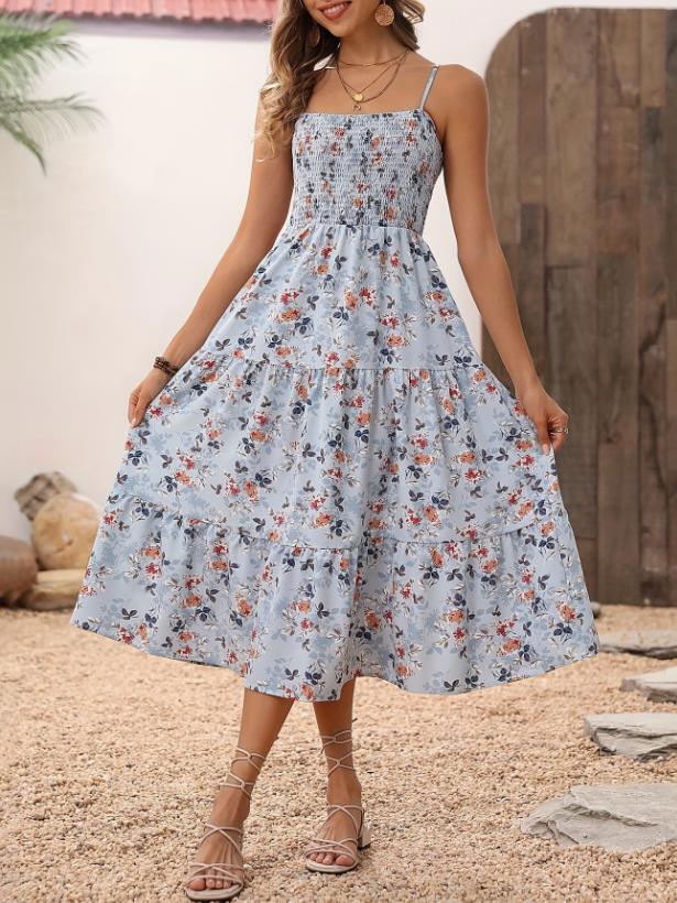 Women's Floral Layered Swing Suspender Long Dress