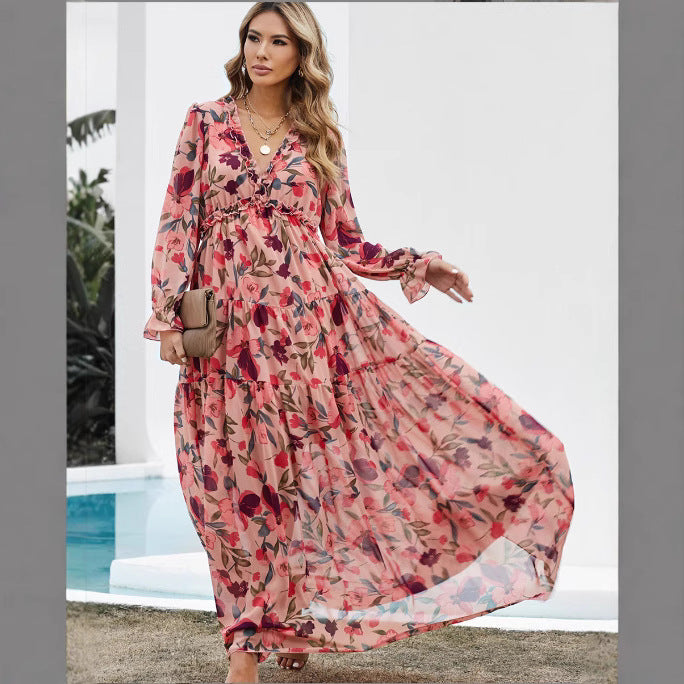 Women’s Printed Long Sleeve Elegant Fairy Evening Dress Women