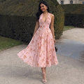 French Printed Halter V Neck Backless Mesh Splice Dress