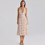 French Printed Halter V Neck Backless Mesh Splice Dress