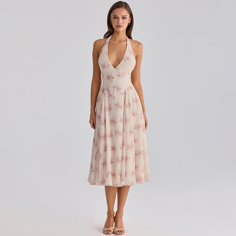 French Printed Halter V Neck Backless Mesh Splice Dress