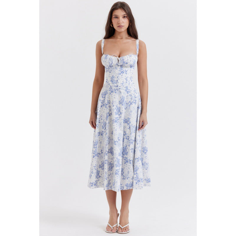 French Floral Corset Split Midi Slip Dress Women Summer Vacation