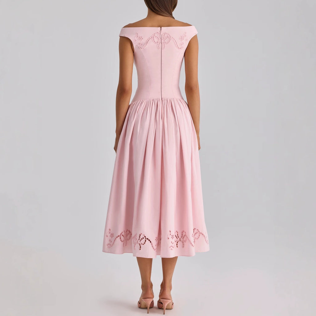 French Pink Off Shoulder Hollow Embroidery Waist Midi Dress Women