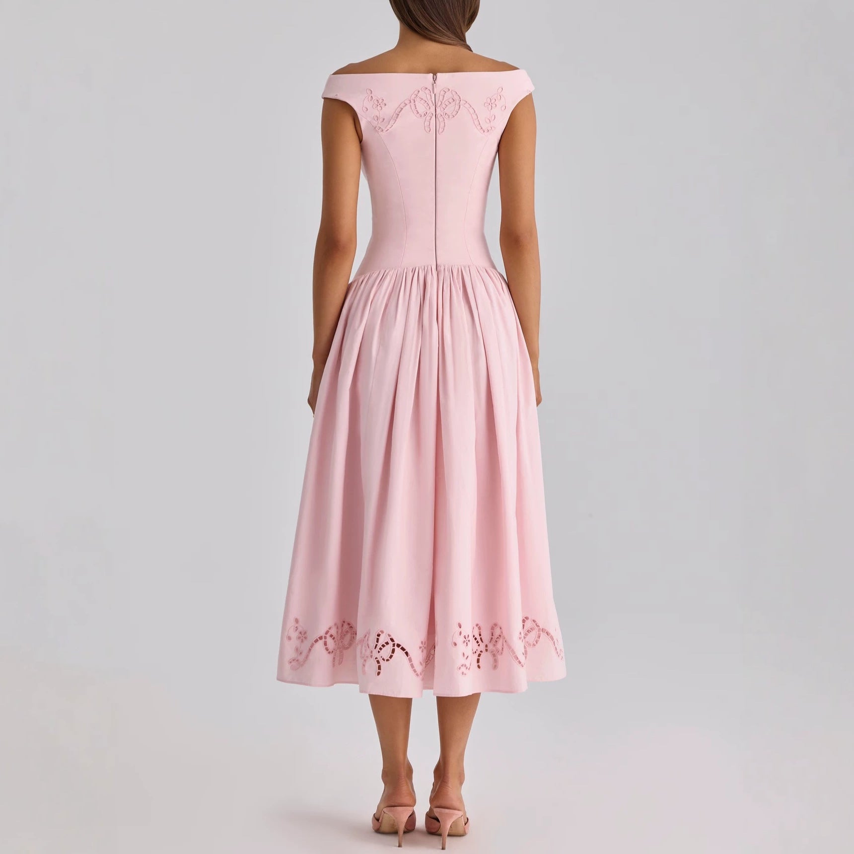 French Pink Off Shoulder Hollow Embroidery Waist Midi Dress Women
