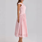 French Pink Off Shoulder Hollow Embroidery Waist Midi Dress Women