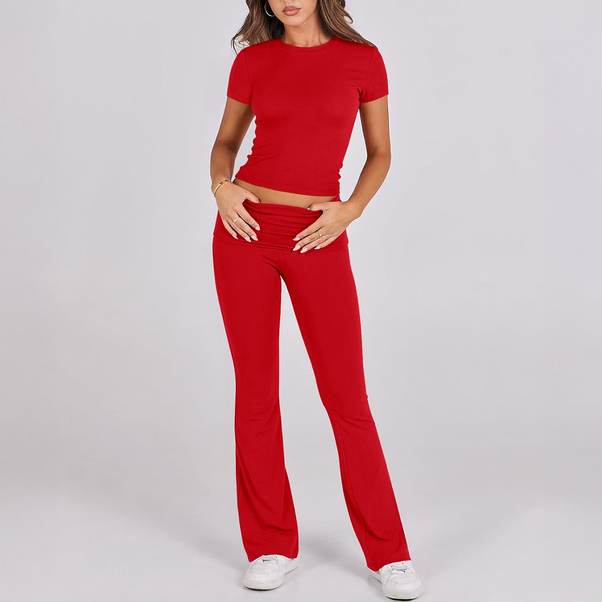 Women Solid Slim Short Sleeve Pants Casual 2 Piece Set