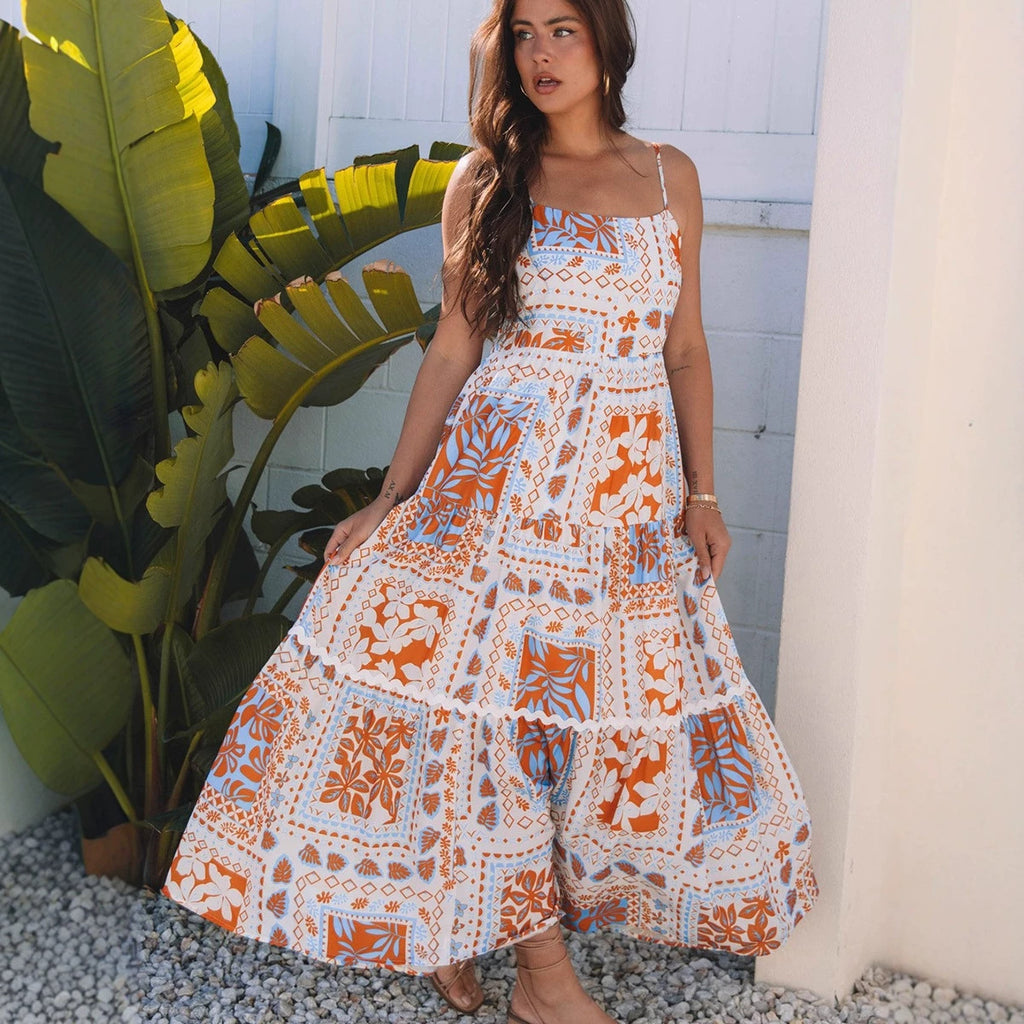 High Waist Contrast Print Loose Slip Dress Women Summer