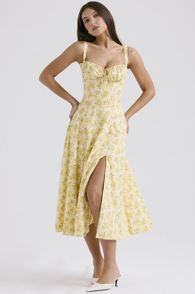 French Floral Corset Split Midi Slip Dress Women Summer Vacation