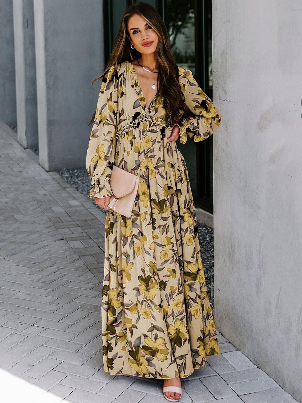 Women’s Printed Long Sleeve Elegant Fairy Evening Dress Women