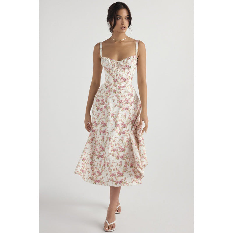 French Floral Corset Split Midi Slip Dress Women Summer Vacation
