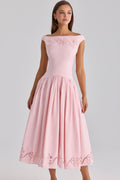French Pink Off Shoulder Hollow Embroidery Waist Midi Dress Women