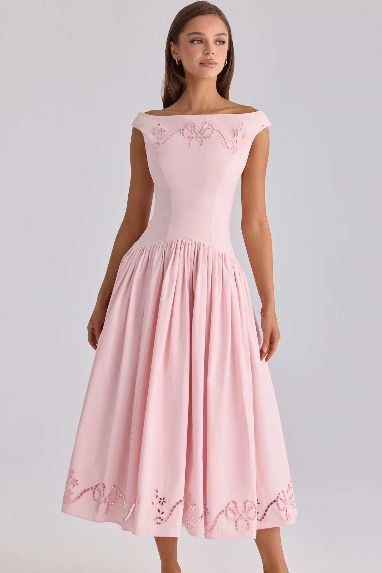 French Pink Off Shoulder Hollow Embroidery Waist Midi Dress Women