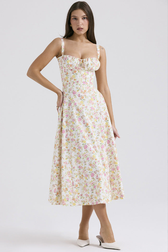 French Floral Corset Split Midi Slip Dress Women Summer Vacation