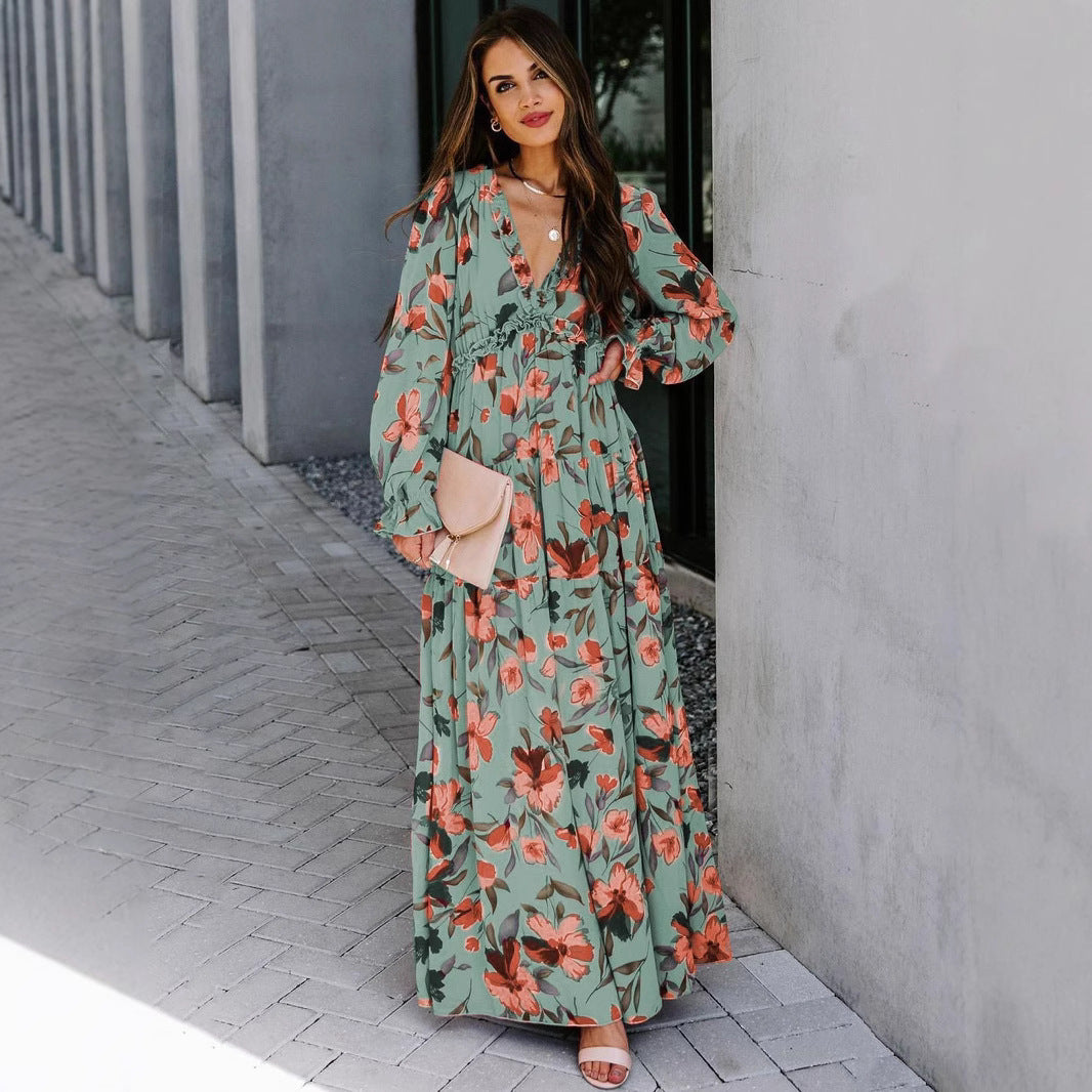 Women’s Printed Long Sleeve Elegant Fairy Evening Dress Women