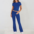 Women Solid Slim Short Sleeve Pants Casual 2 Piece Set
