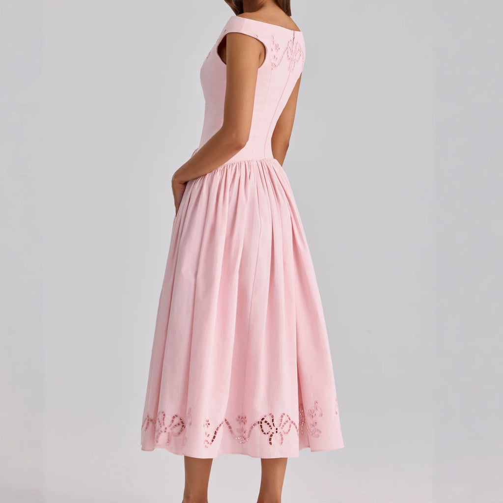 French Pink Off Shoulder Hollow Embroidery Waist Midi Dress Women