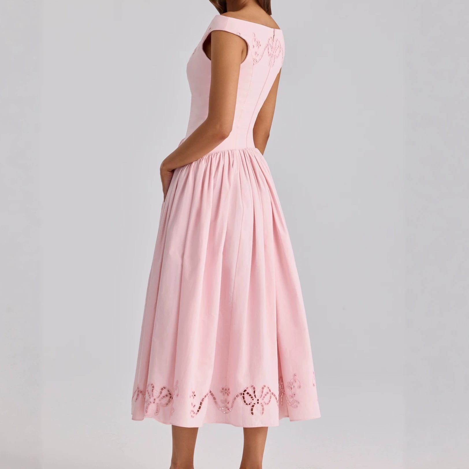 French Pink Off Shoulder Hollow Embroidery Waist Midi Dress Women