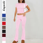 Women Solid Slim Short Sleeve Pants Casual 2 Piece Set