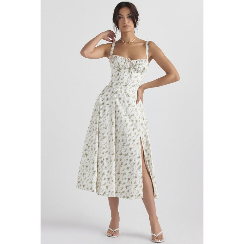 French Floral Corset Split Midi Slip Dress Women Summer Vacation