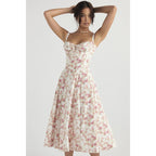 French Floral Corset Split Midi Slip Dress Women Summer Vacation