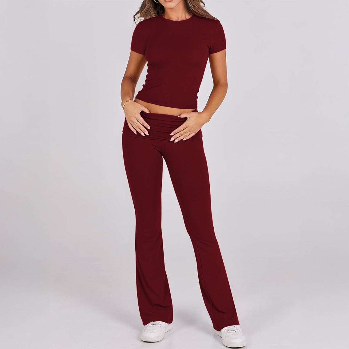 Women Solid Slim Short Sleeve Pants Casual 2 Piece Set