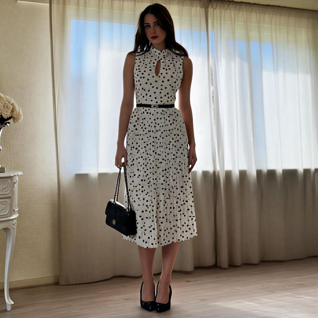 Korean Relaxed Polka Dot Sleeveless Belted Waist Slim Long Dress Women Summer