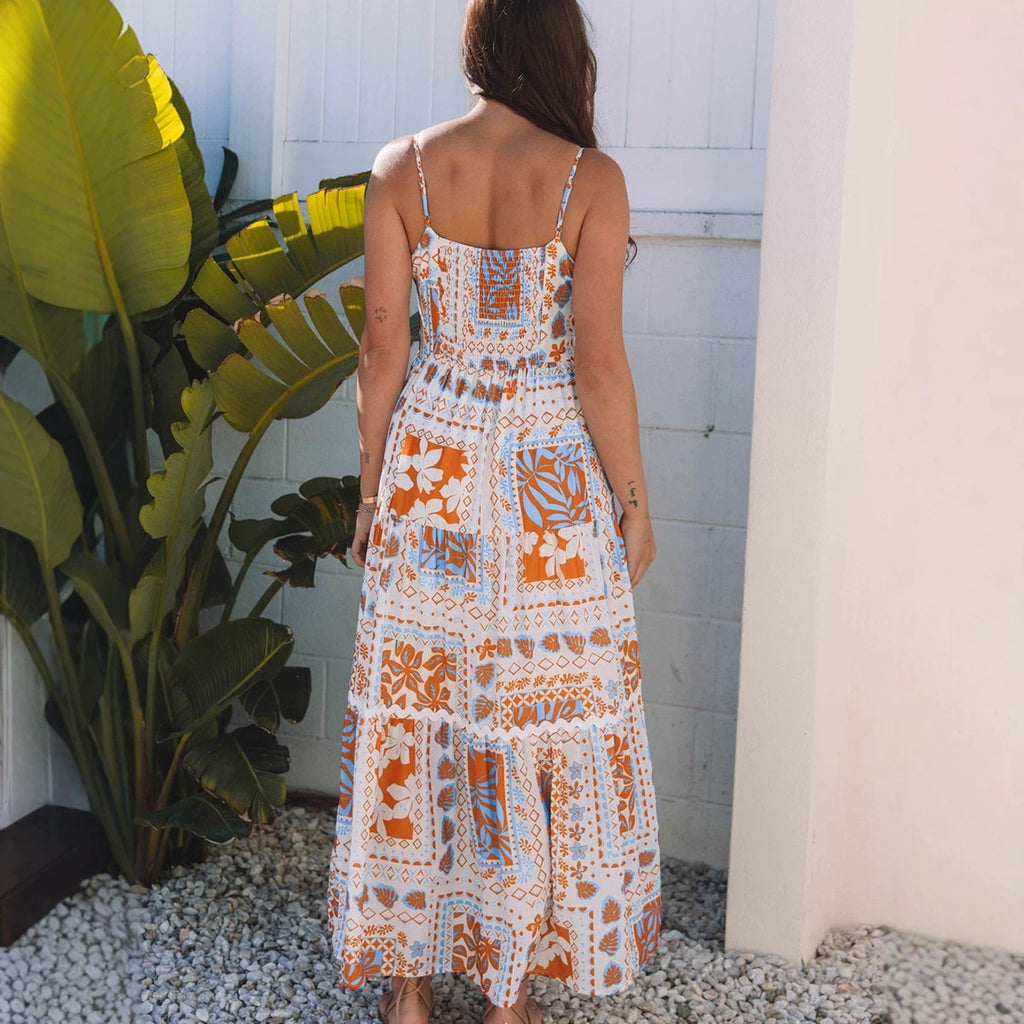 High Waist Contrast Print Loose Slip Dress Women Summer