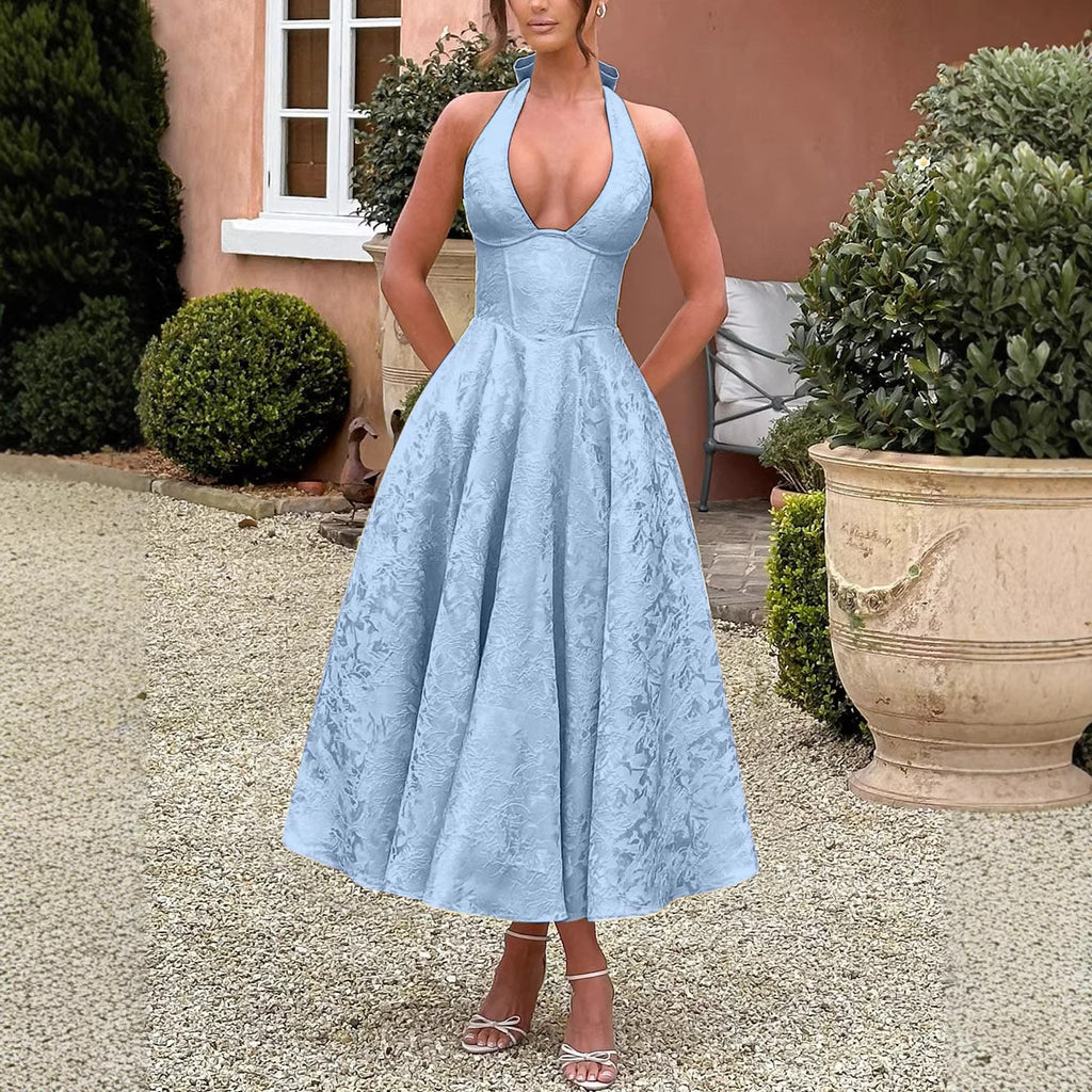 V Neck Halter Jacquard Backless Waist Long Evening Dress Women