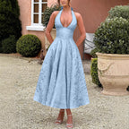 V Neck Halter Jacquard Backless Waist Long Evening Dress Women