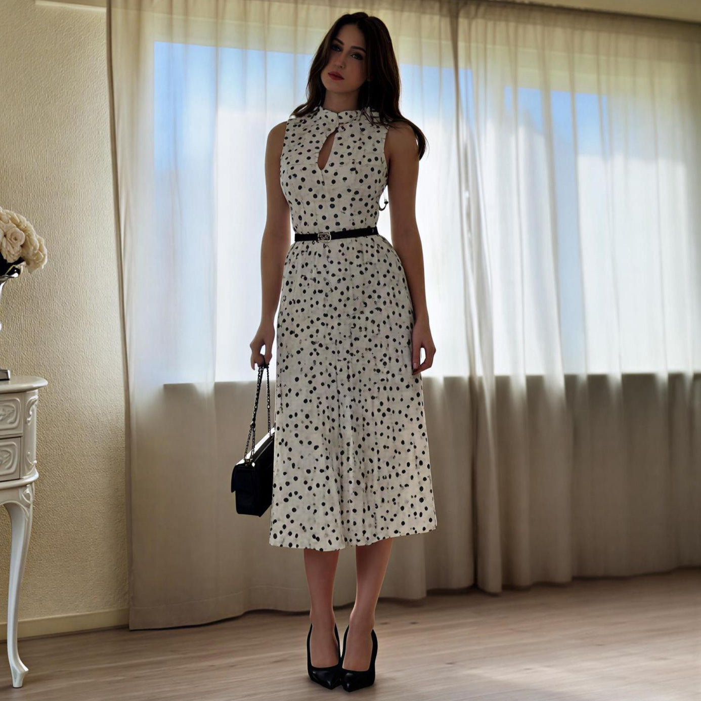 Korean Relaxed Polka Dot Sleeveless Belted Waist Slim Long Dress Women Summer
