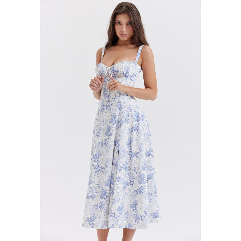 French Floral Corset Split Midi Slip Dress Women Summer Vacation