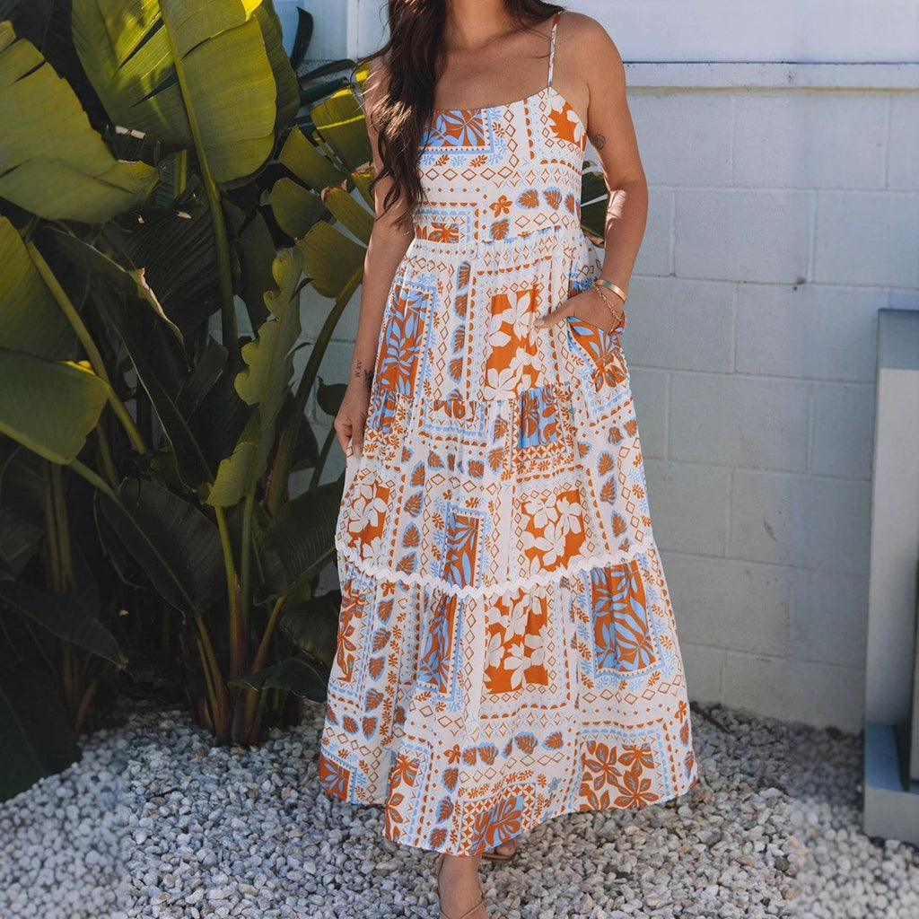 High Waist Contrast Print Loose Slip Dress Women Summer
