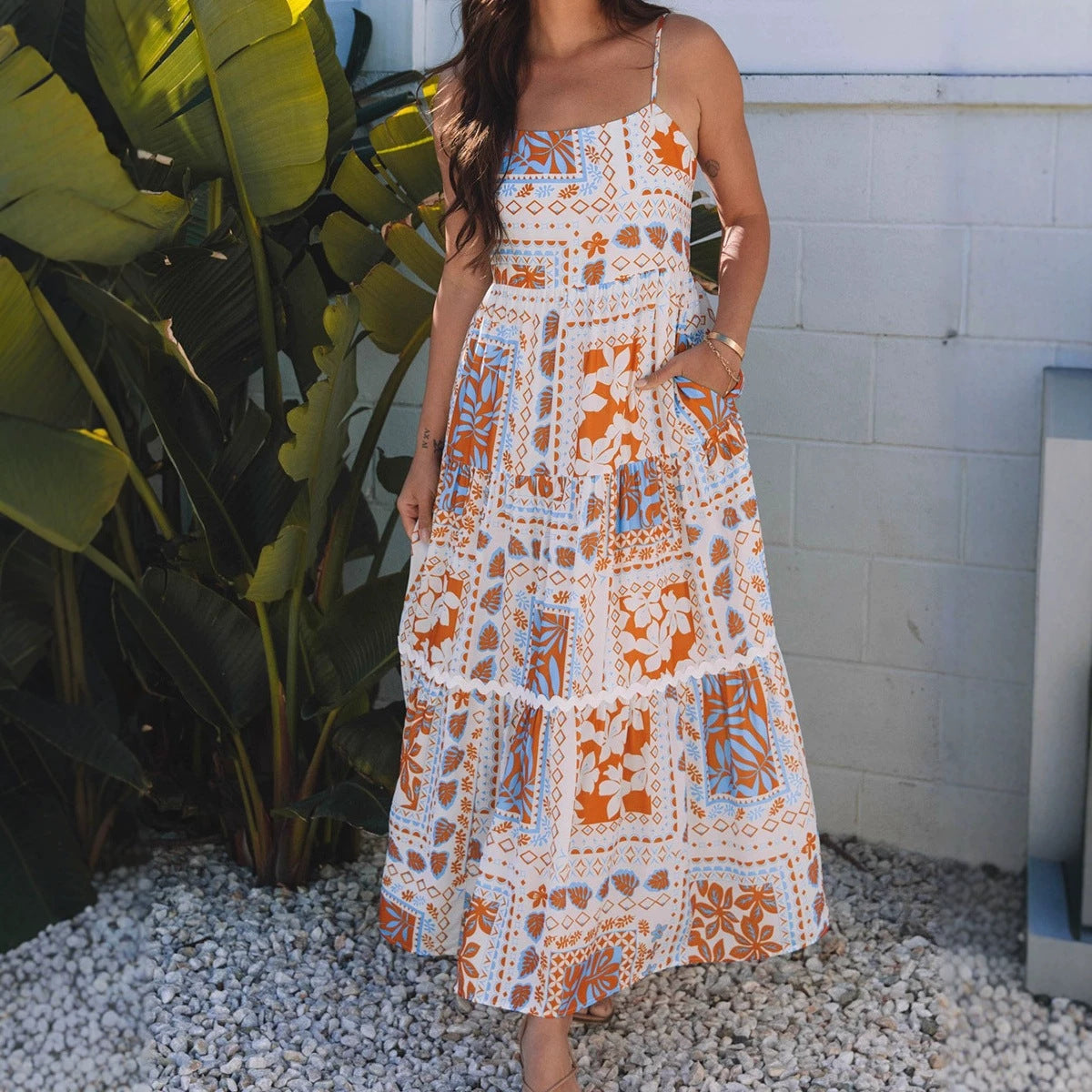 High Waist Contrast Print Loose Slip Dress Women Summer